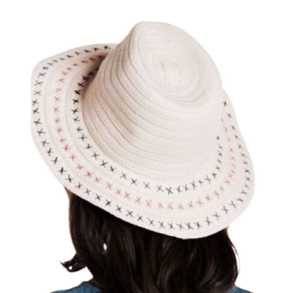 David & Young | White Straw Cross Stitch Panama Fedora Hat Red & Blue American
